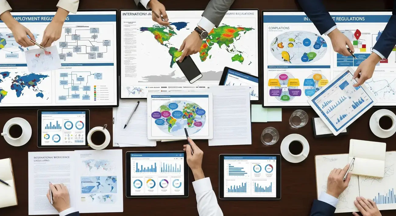 Overhead view of conference table with multiple screens displaying global employment regulations, maps, data analytics, and documents during strategic planning session